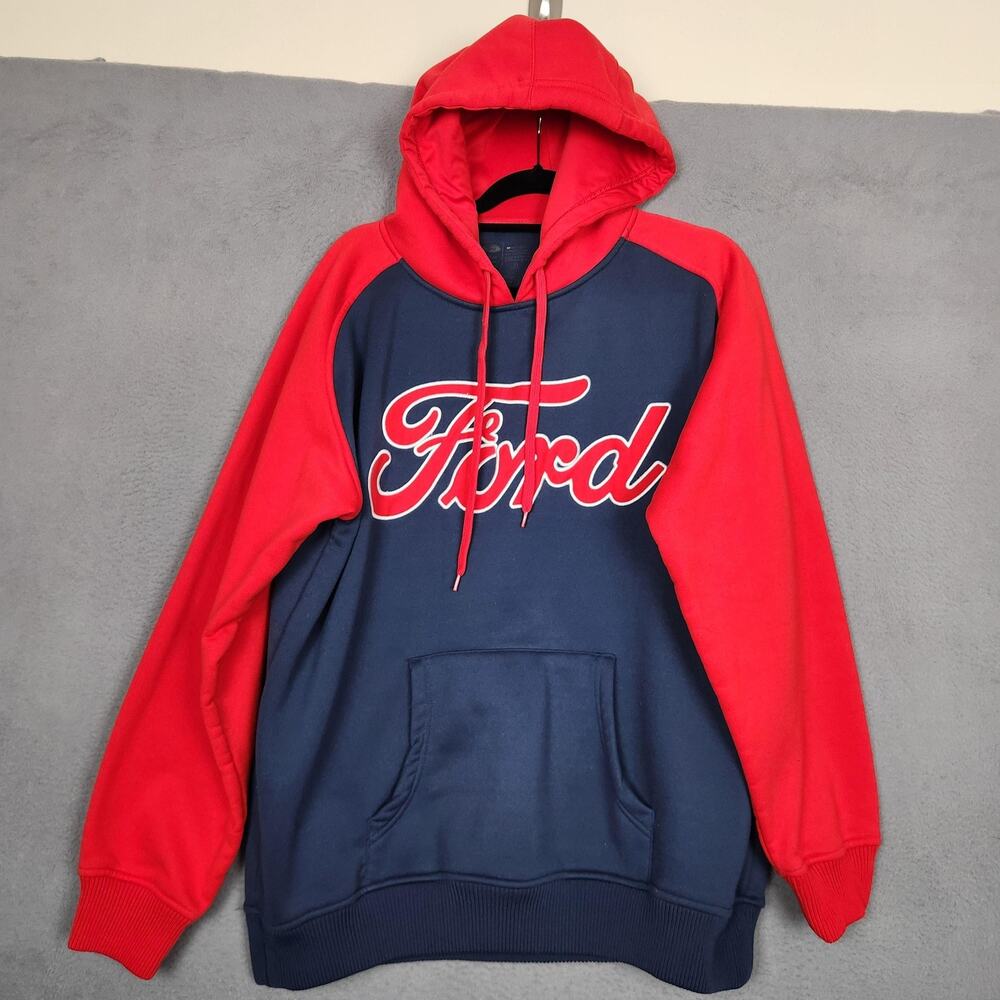 Ford Hoodie Mens XL Blue Red Pullover Fleece Logo Kangaroo Pocket Sweatshirt